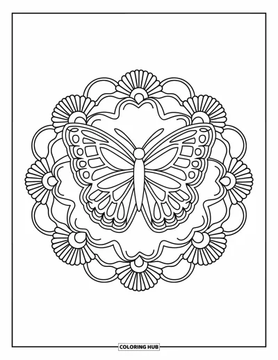 Desenho de flores e borboletas para colorir para adultos: Uma borboleta senta no centro de uma mandala de rosas e margaridas