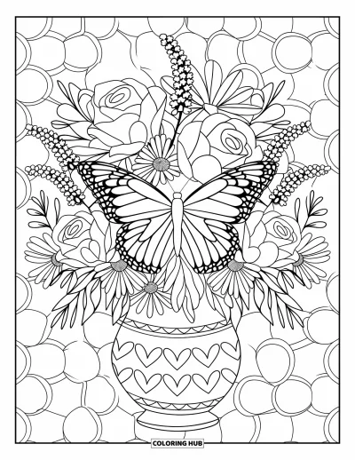 Desenho de flores e borboletas para colorir para adultos: Uma borboleta senta em um buquÃª floral dentro de um vaso com estampa de coraÃ§Ãµes
