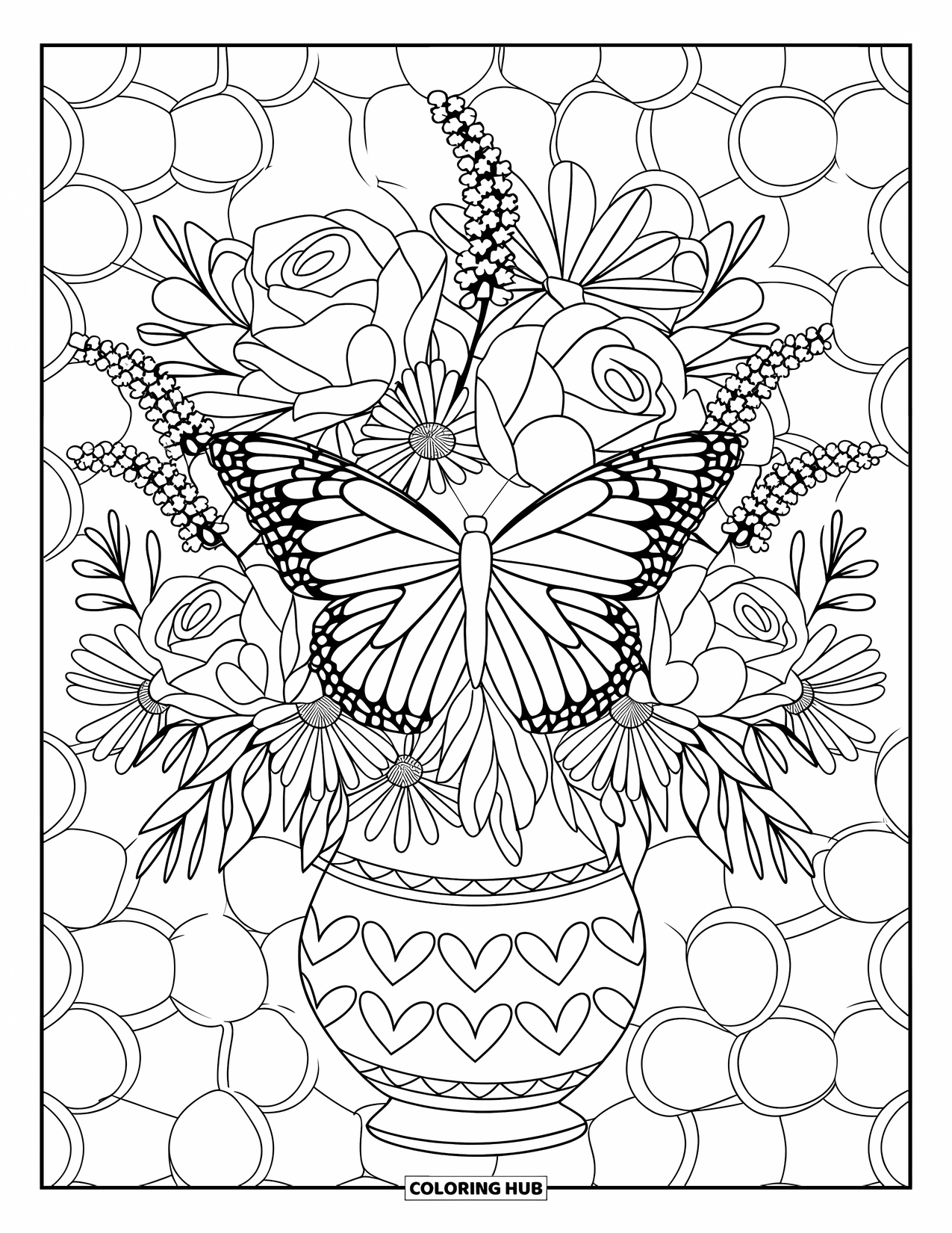 Flower Butterfly Coloring Page for Adults: A butterfly sits in a floral bouquet inside a heart-patterned vase