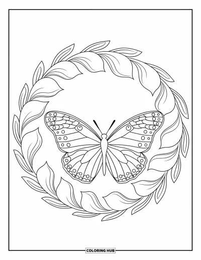 Desenho de flores e borboletas para colorir para adultos: Uma borboleta senta em uma base espiral de pÃ©talas e folhas