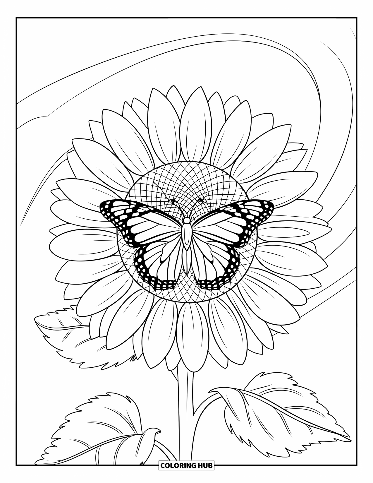Flower Butterfly Coloring Page for Adults: A butterfly sits on a sunflower with curling petals in the breeze