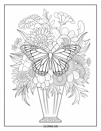 Desenho de flores e borboletas para colorir para adultos: Uma borboleta abre as asas em um vaso cheio de flores do jardim