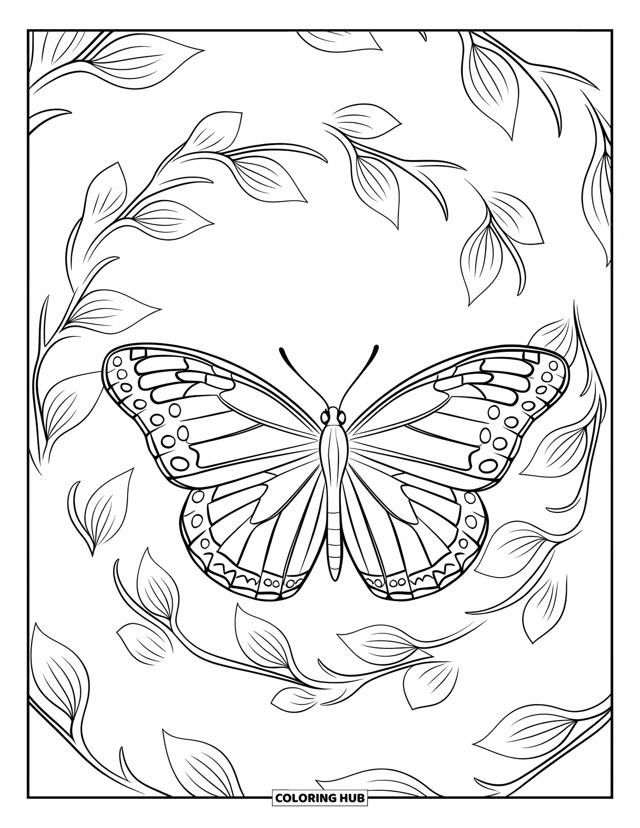 Flower Butterfly Coloring Page for Adults: A butterfly spreads its wings on a spiral of petals and curls