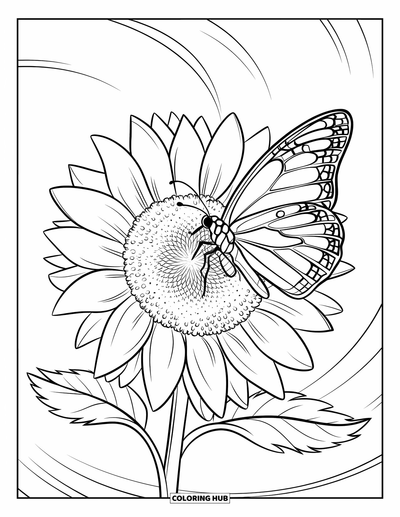 Flower Butterfly Coloring Page for Adults: A butterfly spreads its wings on a sunflower in swirling air