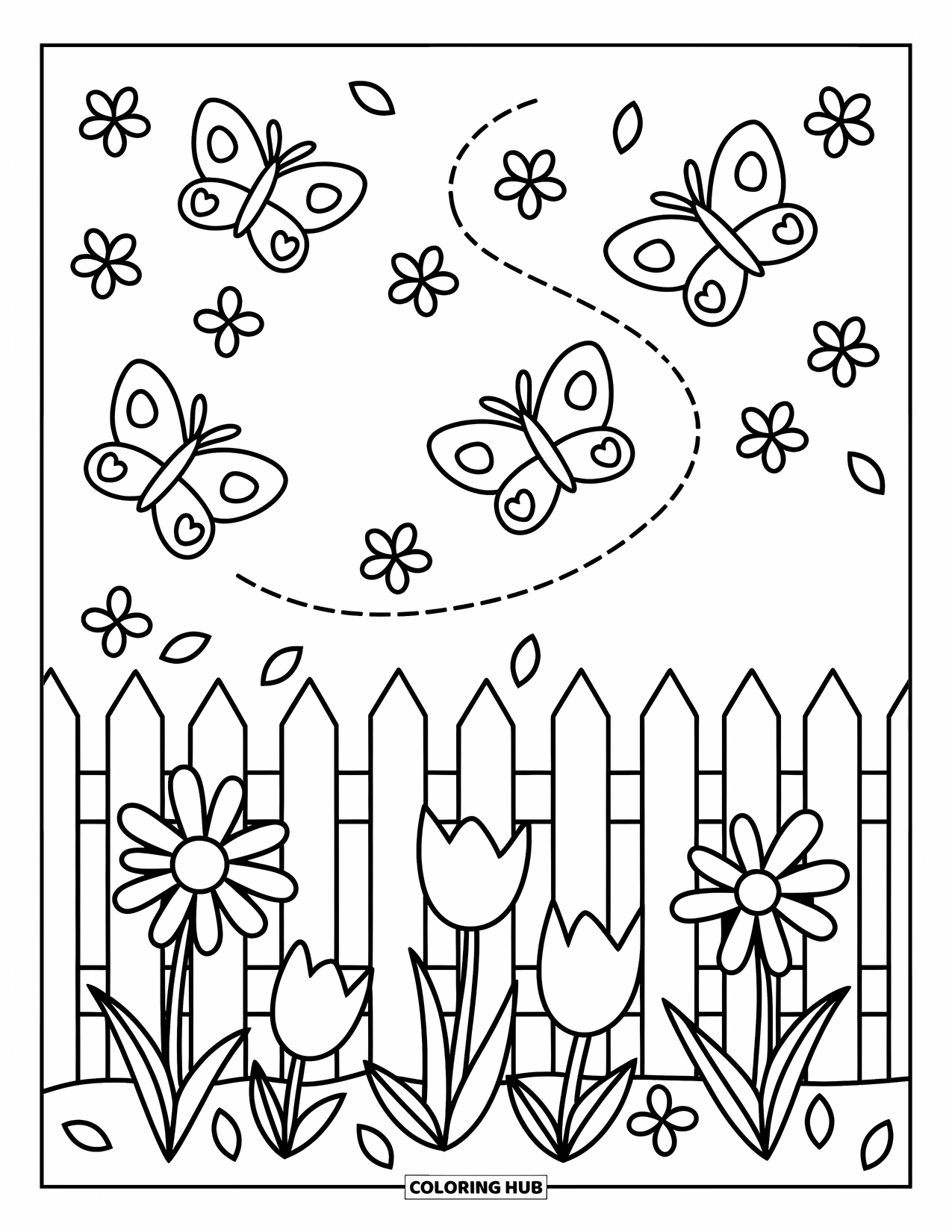 Flower Butterfly Coloring Page for Adults: A cozy fence scene with flowers and butterflies floating in gentle loops
