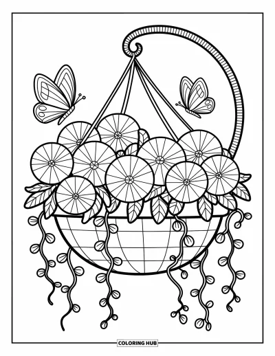 Desenho de flores e borboletas para colorir para adultos: Um cesto suspenso transborda de flores enquanto borboletas pairam e repousam por perto