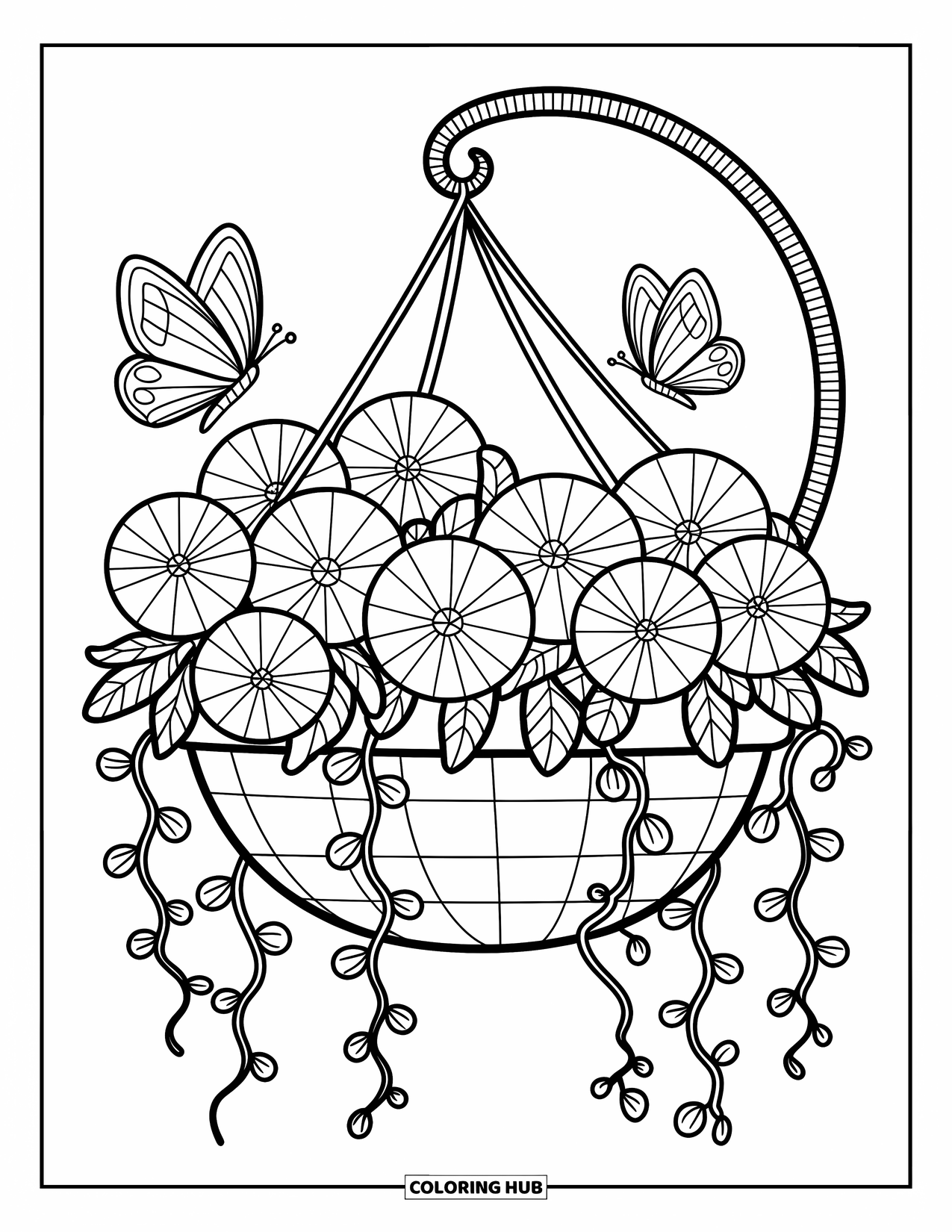 Flower Butterfly Coloring Page for Adults: A hanging basket overflows with blooms while butterflies hover and rest nearby