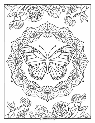 Desenho de flores e borboletas para colorir para adultos: Uma grande borboleta repousa no centro de uma mandala de rosas e margaridas