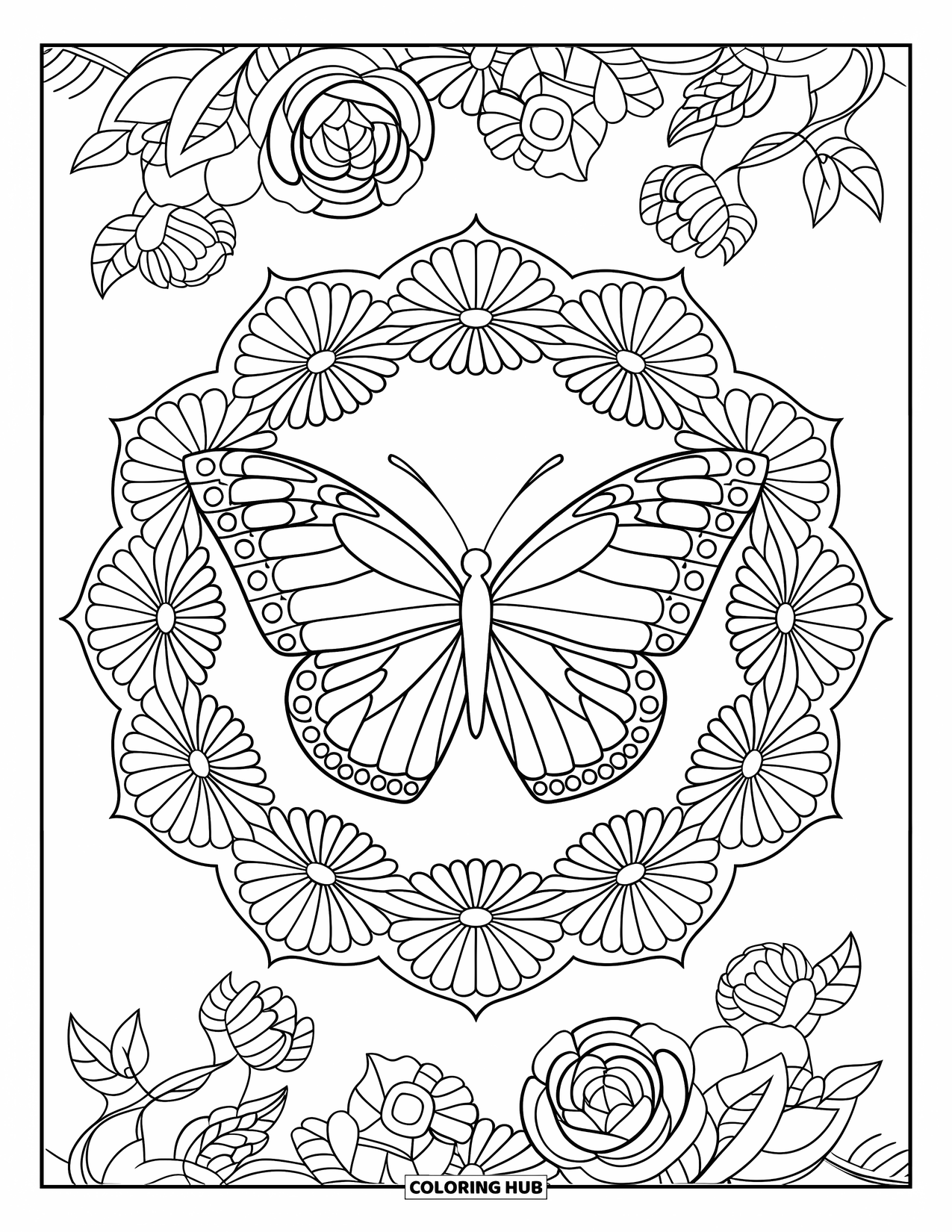 Flower Butterfly Coloring Page for Adults: A large butterfly rests in the middle of a rose and daisy mandala