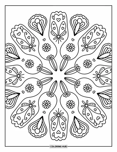Desenho de flores e borboletas para colorir para adultos: Uma mandala de asas de borboleta e flores se expande em anÃ©is detalhados e delicados