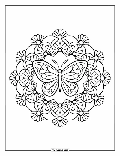 Desenho de flores e borboletas para colorir para adultos: Uma mandala de margaridas e rosas envolve uma borboleta central