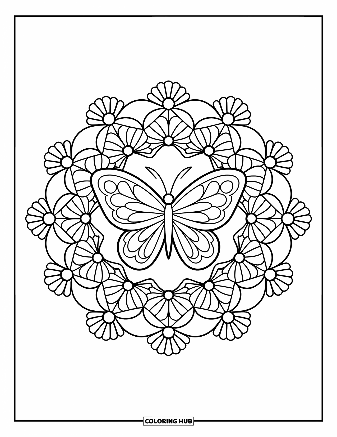 Flower Butterfly Coloring Page for Adults: A mandala of daisies and roses surrounds a central butterfly