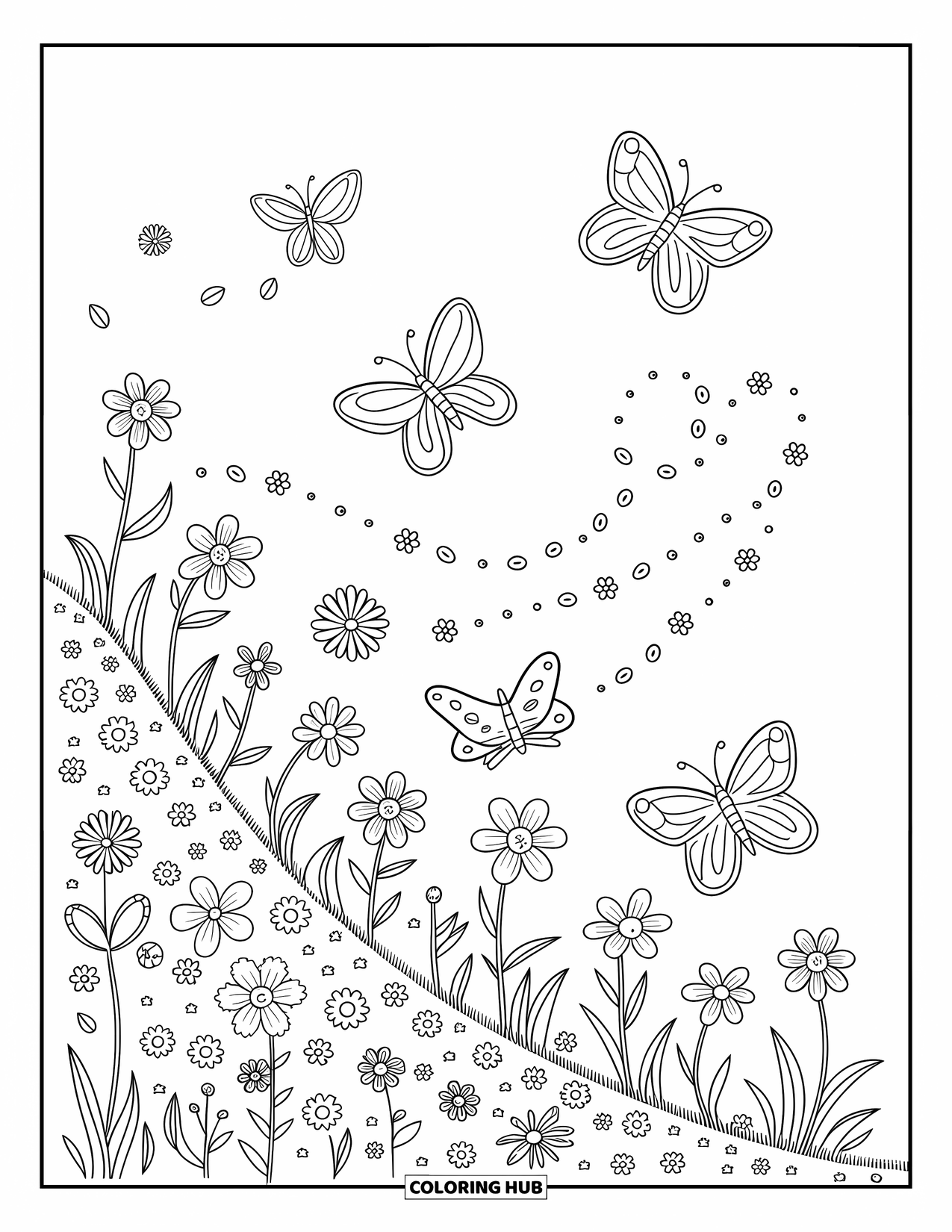 Flower Butterfly Coloring Page for Adults: A meadow of wildflowers and fluttering butterflies creates a soft, joyful scene