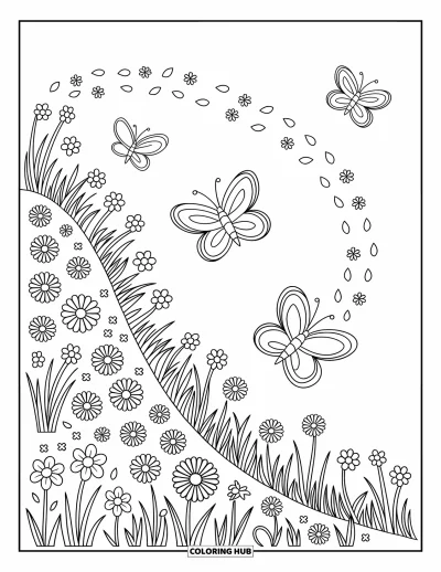 Desenho de flores e borboletas para colorir para adultos: Um prado inclinado cheio de flores recebe borboletas flutuando suavemente no alto