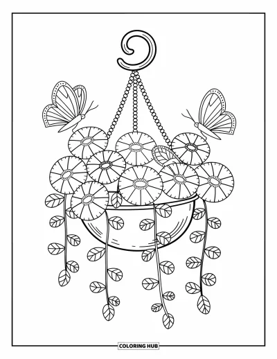 Desenho de flores e borboletas para colorir para adultos: Um cesto de flores balanÃ§ante recebe borboletas que circulam ao redor de suas trepadeiras