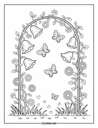 Desenho de flores e borboletas para colorir para adultos: Um arco coberto de trepadeiras recebe borboletas Ã  deriva e pÃ©talas caindo abaixo