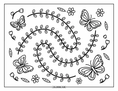 Desenho de flores e borboletas para colorir para adultos: Uma trepadeira sobe em espiral com borboletas pousadas em suas pequenas flores