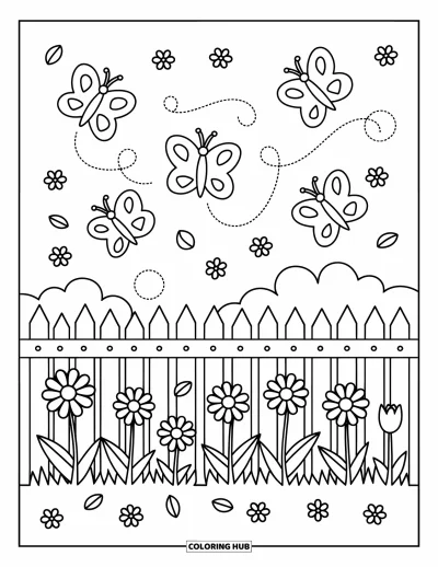 Desenho de flores e borboletas para colorir para adultos: Uma cerca de madeira Ã© ladeada por tulipas e margaridas enquanto borboletas flutuam acima