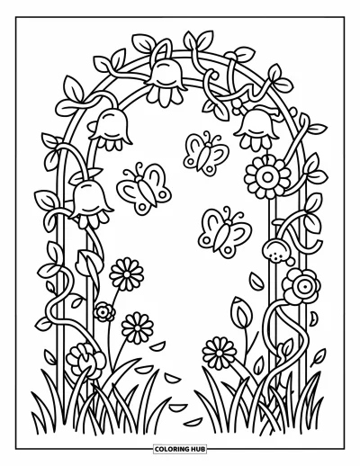 Desenho de flores e borboletas para colorir para adultos: Flores em forma de sino e borboletas decoram um arco charmoso de trepadeiras e grama