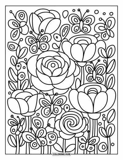 Desenho de flores e borboletas para colorir para adultos: Flores grandes e suaves acolhem borboletas com asas fechadas ou esvoaÃ§antes