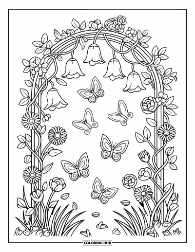 Desenho de flores e borboletas para colorir para adultos: Borboletas Ã  deriva cruzam um treliÃ§ado em arco coberto de rosas e flores em forma de sino