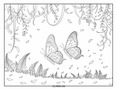 Desenho de flores e borboletas para colorir para adultos: Borboletas flutuam sobre trepadeiras e pÃ©talas em um espaÃ§o verde e tranquilo