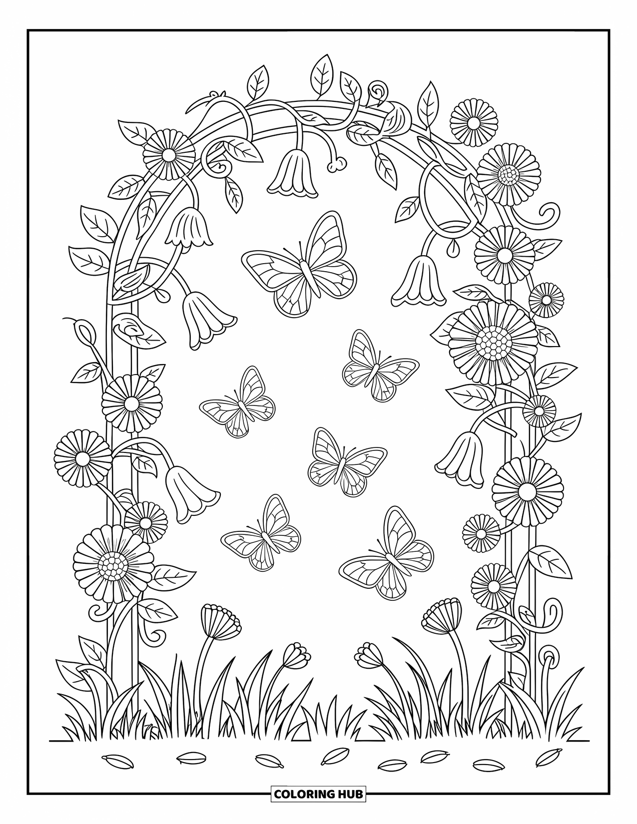 Flower Butterfly Coloring Page for Adults: Butterflies float under a blooming floral arch filled with petals and grass