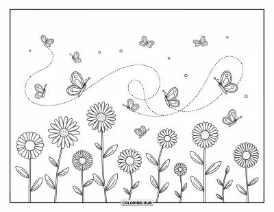 Desenho de flores e borboletas para colorir para adultos: Borboletas esvoaÃ§am entre girassÃ³is Ã  deriva, margaridas e camÃ©lias em um caminho com brisa suave