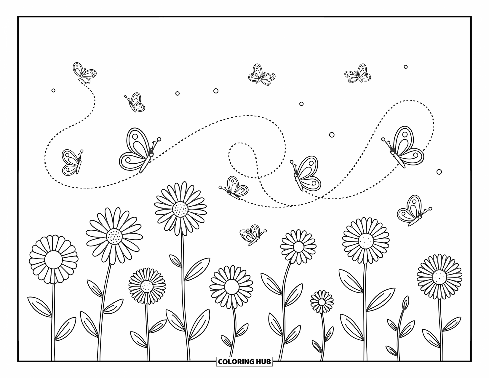 Flower Butterfly Coloring Page for Adults: Butterflies flutter among drifting sunflowers, daisies, and camellias on a breezy path