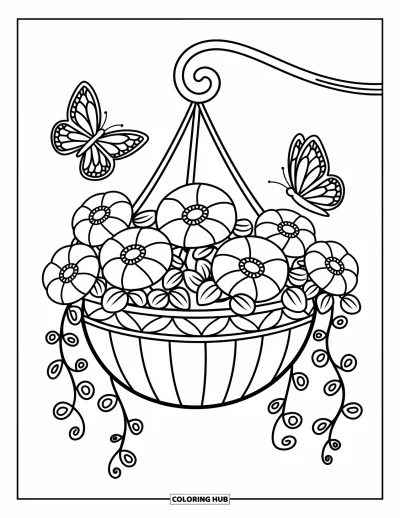 Desenho de flores e borboletas para colorir para adultos: Borboletas esvoaÃ§am ao redor de um cesto suspenso confortÃ¡vel cheio de flores redondas e delicadas