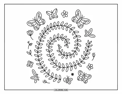 Desenho de flores e borboletas para colorir para adultos: Borboletas esvoaÃ§am por uma trepadeira em espiral pontilhada de brotos e detalhes encantadores