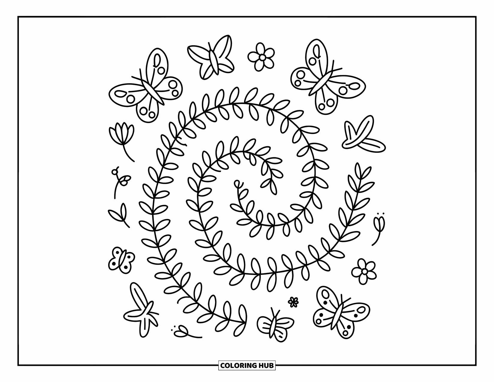 Flower Butterfly Coloring Page for Adults: Butterflies flutter up a spiral vine dotted with buds and whimsical details