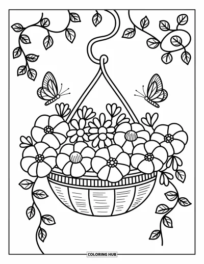 Desenho de flores e borboletas para colorir para adultos: Borboletas pousam em flores em um cesto suspenso com trepadeiras enroladas e cheias de folhas