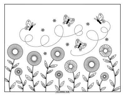 Desenho de flores e borboletas para colorir para adultos: Borboletas deixam rastros de pÃ©talas enquanto flutuam por um campo de flores divertidas