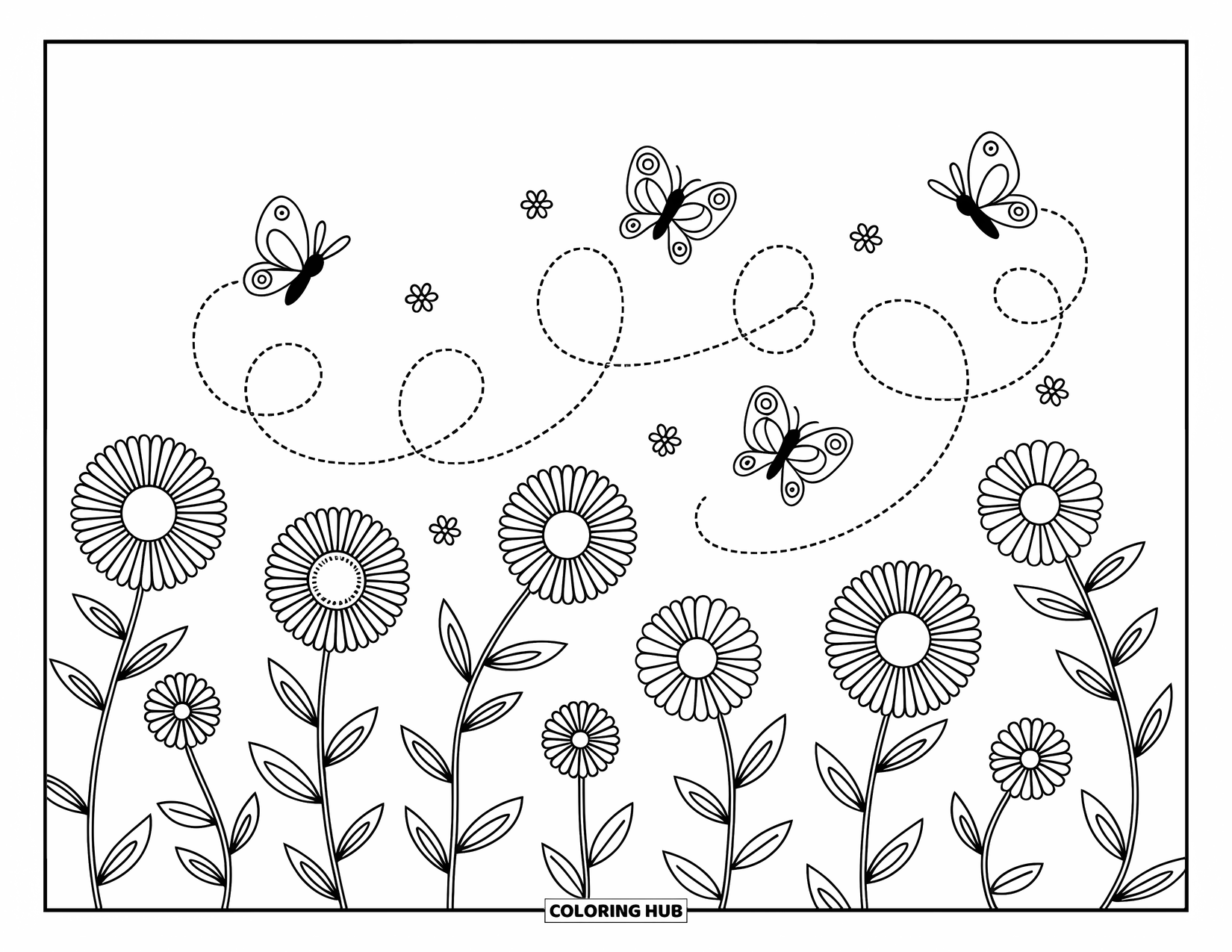 Flower Butterfly Coloring Page for Adults: Butterflies trail petals while floating through a field of playful flowers