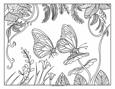 Desenho de flores e borboletas para colorir para adultos: Borboletas de asas marcantes esvoaÃ§am acima de flores e trepadeiras com folhas