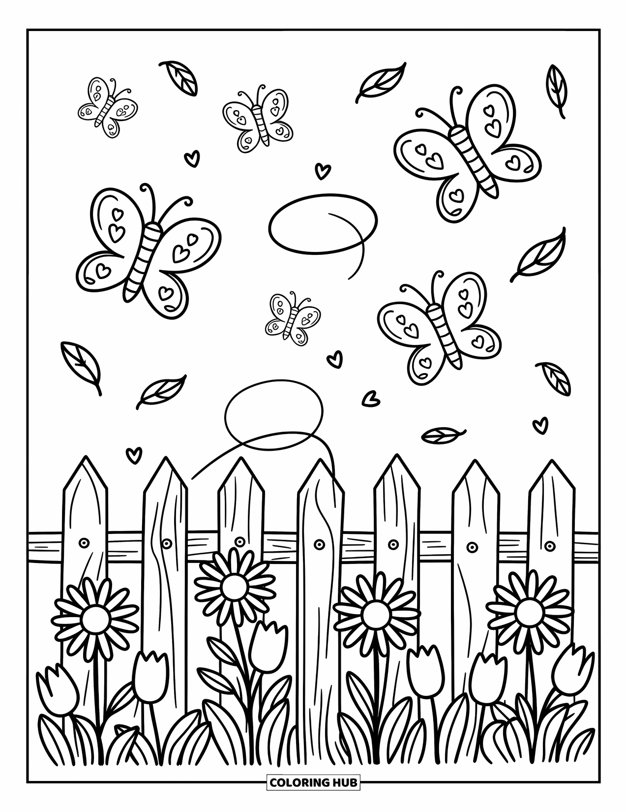 Flower Butterfly Coloring Page for Adults: Butterflies with patterned wings fly above a fence with blooming flowers