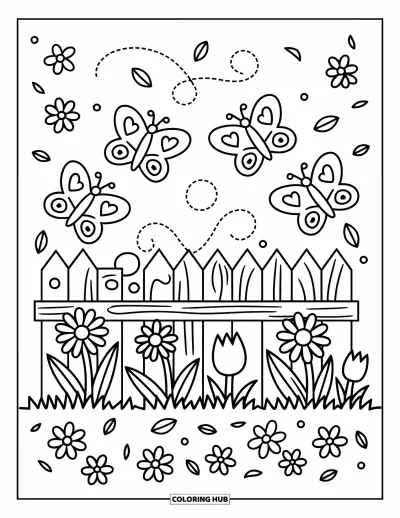 Desenho de flores e borboletas para colorir para adultos: Margaridas e tulipas desabrocham perto de uma cerca enquanto borboletas esvoaÃ§am pelo cÃ©u