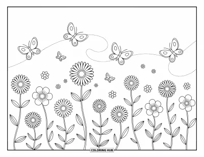 Desenho de flores e borboletas para colorir para adultos: Flores flutuantes Ã  deriva acompanham borboletas circulando delicadamente pelo ar