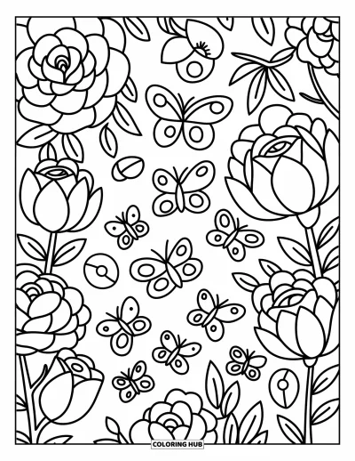 Desenho de flores e borboletas para colorir para adultos: Flores grandes se sobrepÃµem a borboletas em repouso aconchegadas entre as pÃ©talas