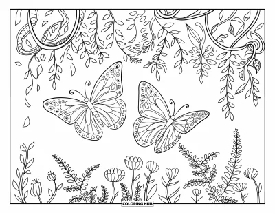 Desenho de flores e borboletas para colorir para adultos: Duas borboletas danÃ§am acima de pÃ©talas encantadoras e folhagens pendentes do jardim
