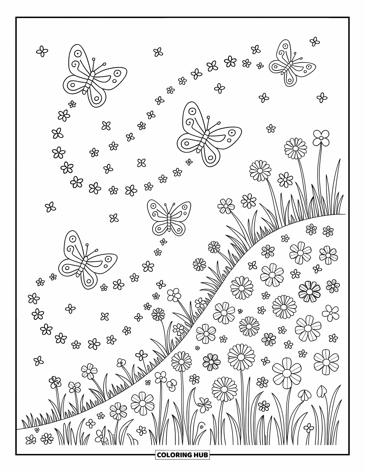 Flower Butterfly Coloring Page for Adults: Wildflowers bloom in a meadow while butterflies leave trails of petals above