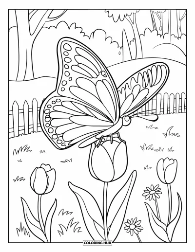 Desenho de flores e borboletas para colorir para crianÃ§as: Uma grande borboleta pousa em uma tulipa em um jardim aconchegante com flores e Ã¡rvores