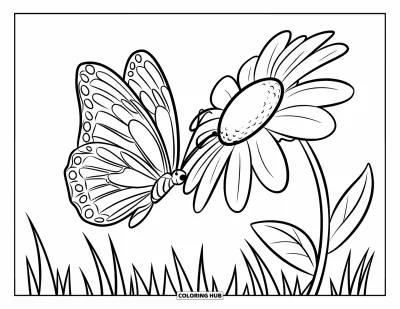 Desenho de flores e borboletas para colorir para crianÃ§as: Uma borboleta e uma grande margarida se inclinam uma em direÃ§Ã£o Ã  outra em um campo de grama balanÃ§ante