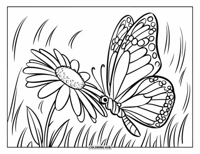 Desenho de flores e borboletas para colorir para crianÃ§as: Uma borboleta e uma margarida se inclinam juntas cercadas por grama suavemente balanÃ§ando