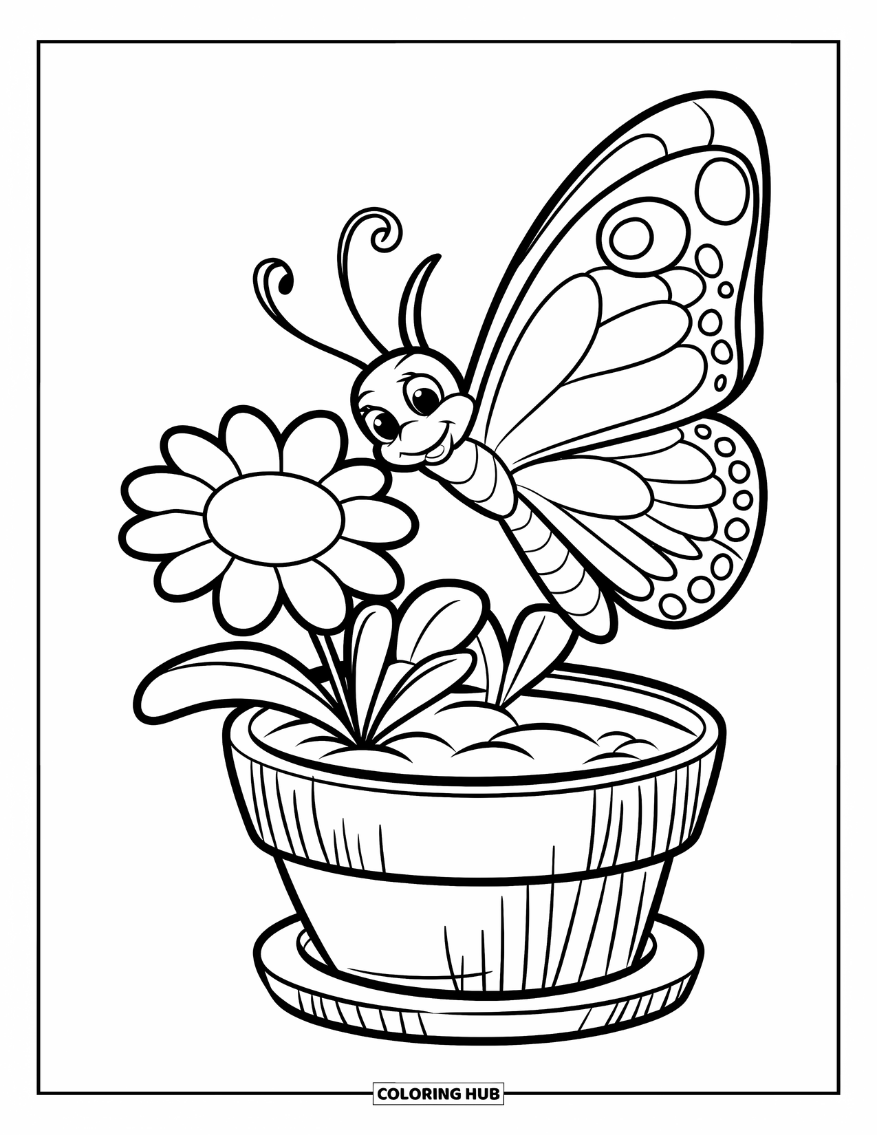 Flower Butterfly Coloring Page for Kids: A butterfly and daisy sit in a tiny flower pot on a wooden platform