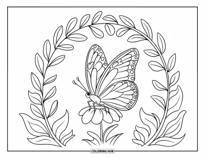 Desenho de flores e borboletas para colorir para crianÃ§as: Uma borboleta e uma flor se aconchegam sob um arco de folhagens em um jardim quieto