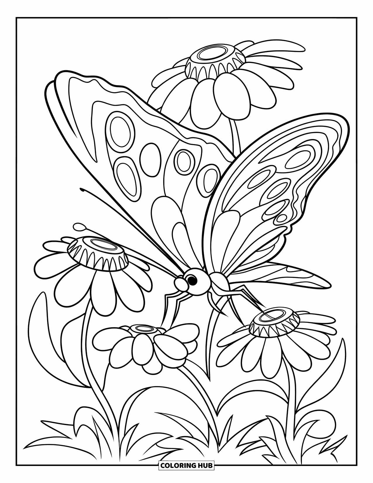 Flower Butterfly Coloring Page for Kids: A butterfly and flowers bloom together in a quiet garden corner