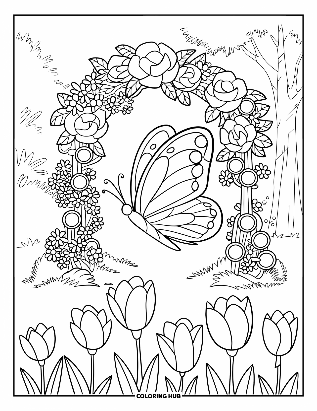 Flower Butterfly Coloring Page for Kids: A butterfly dances near a blooming arch surrounded by trees and flowers