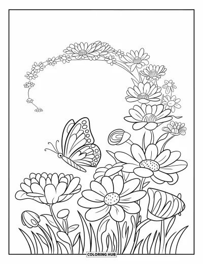 Desenho de flores e borboletas para colorir para crianÃ§as: Uma borboleta danÃ§a entre botÃµes florescendo e flores abertas em um canteiro ensolarado